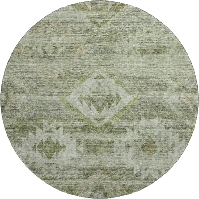 8' Olive Green And Ivory Southwestern Washable Round Rug With UV Protection Photo 1
