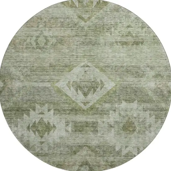 8' Olive Green And Ivory Southwestern Washable Round Rug With UV Protection Photo 4