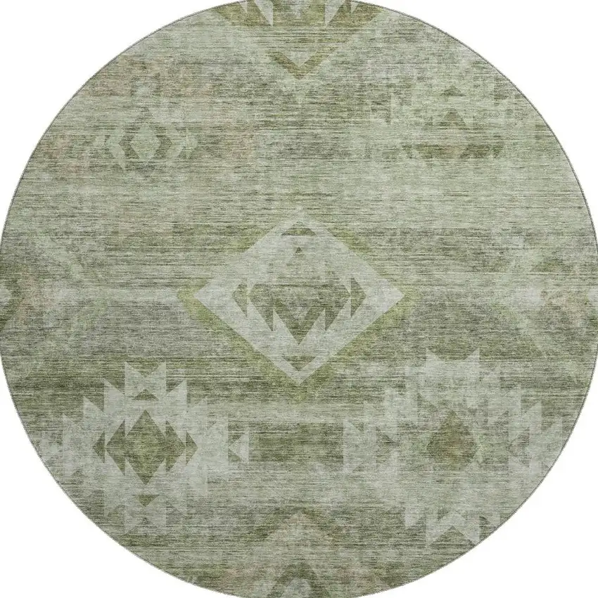 8' Olive Green And Ivory Southwestern Washable Round Rug With UV Protection Photo 4