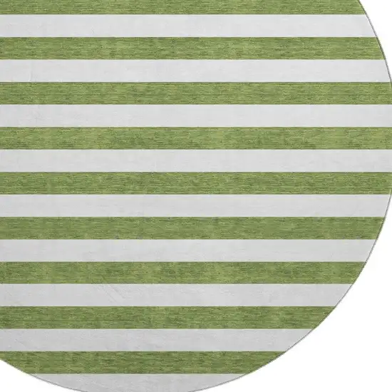 8' Olive Green And Ivory Striped Washable Round Rug With UV Protection Photo 3