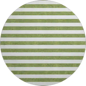 Photo of 8' Olive Green And Ivory Striped Washable Round Rug With UV Protection