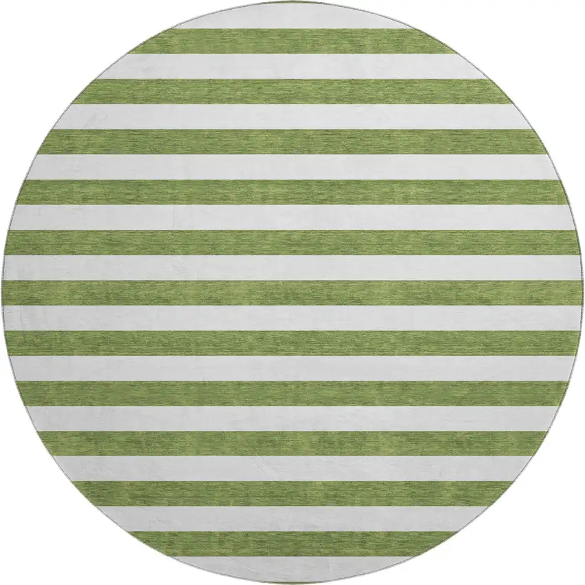 8' Olive Green And Ivory Striped Washable Round Rug With UV Protection Photo 1