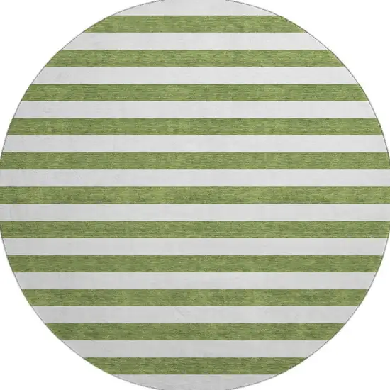 8' Olive Green And Ivory Striped Washable Round Rug With UV Protection Photo 4