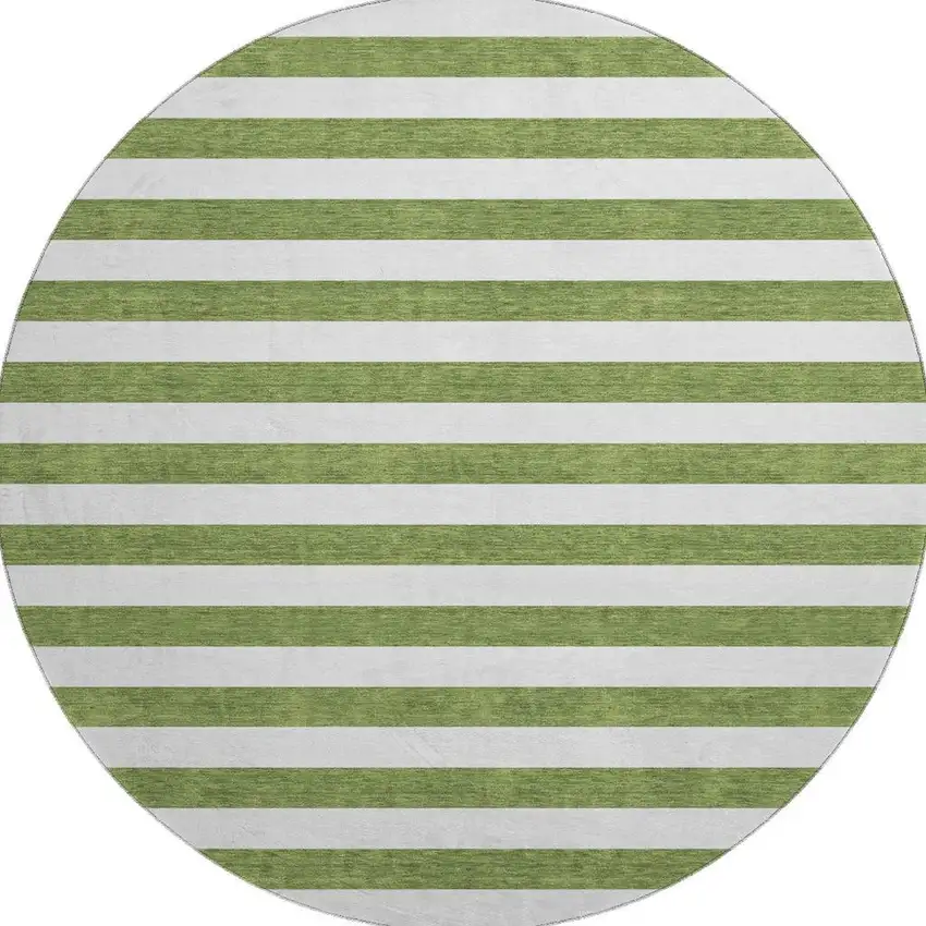 8' Olive Green And Ivory Striped Washable Round Rug With UV Protection Photo 4