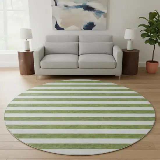 8' Olive Green And Ivory Striped Washable Round Rug With UV Protection Photo 2