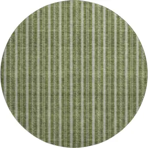 Photo of 8' Olive Green And Ivory Striped Washable Round Rug With UV Protection