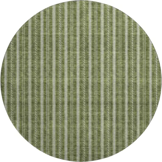 8' Olive Green And Ivory Striped Washable Round Rug With UV Protection Photo 1