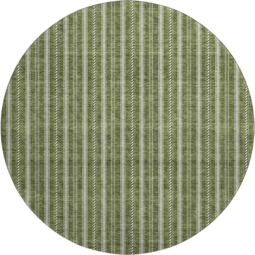 8' Olive Green And Ivory Striped Washable Round Rug With UV Protection Photo 1