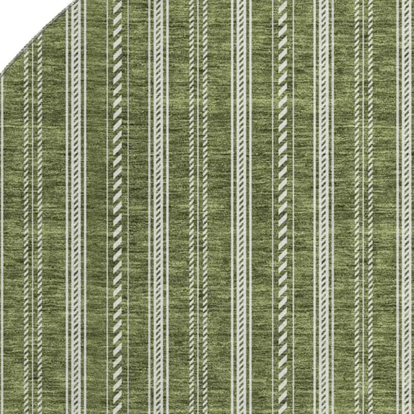 8' Olive Green And Ivory Striped Washable Round Rug With UV Protection Photo 2