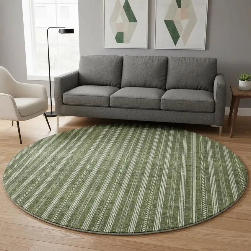 8' Olive Green And Ivory Striped Washable Round Rug With UV Protection Photo 2