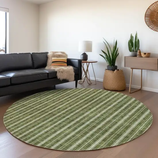 8' Olive Green And Ivory Striped Washable Round Rug With UV Protection Photo 4