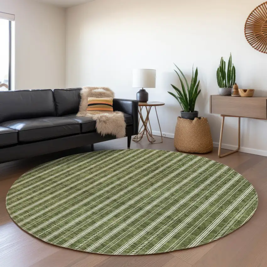 8' Olive Green And Ivory Striped Washable Round Rug With UV Protection Photo 4