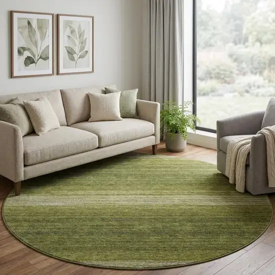 8' Olive Green And Ivory Striped Washable Round Rug With UV Protection Photo 1