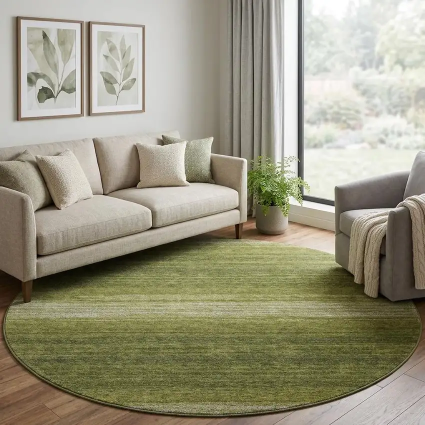 8' Olive Green And Ivory Striped Washable Round Rug With UV Protection Photo 1