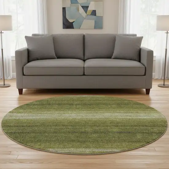 8' Olive Green And Ivory Striped Washable Round Rug With UV Protection Photo 2