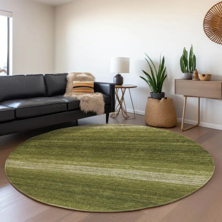 8' Olive Green And Ivory Striped Washable Round Rug With UV Protection Photo 4