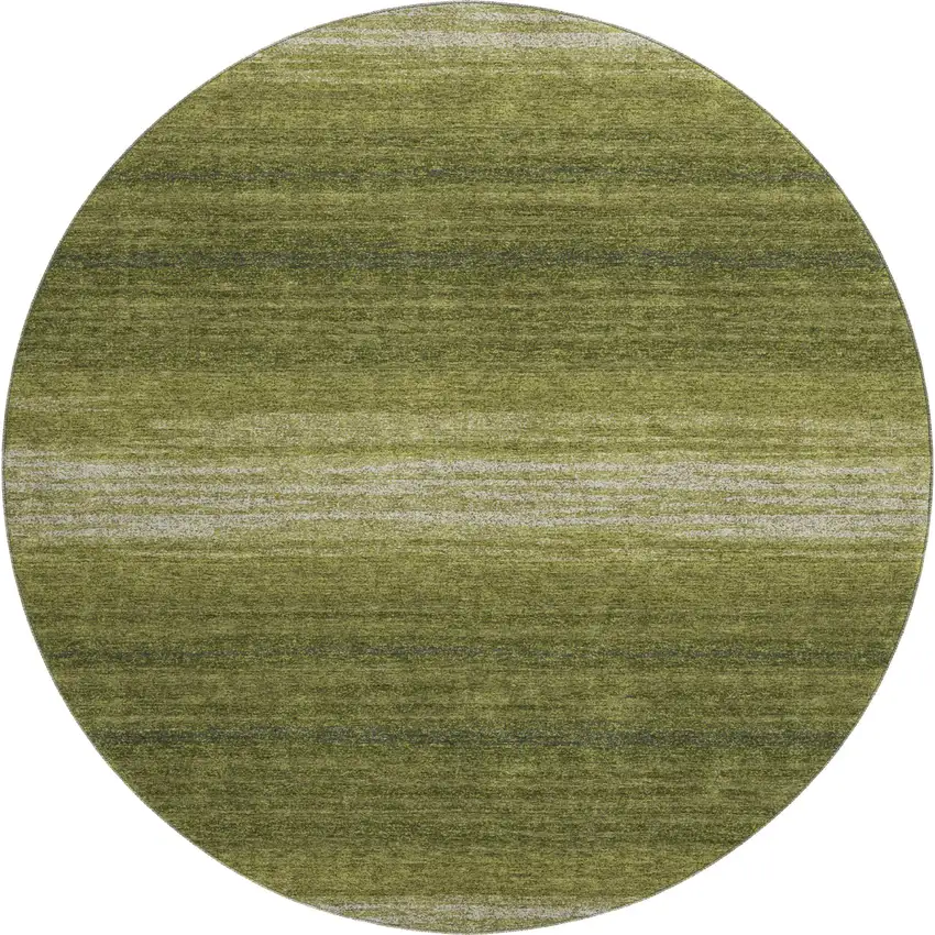 8' Olive Green And Ivory Striped Washable Round Rug With UV Protection Photo 1