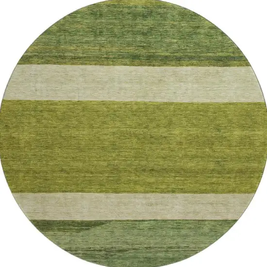 8' Olive Green And Ivory Striped Washable Round Rug With UV Protection Photo 3