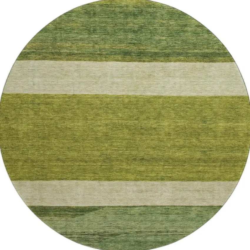 8' Olive Green And Ivory Striped Washable Round Rug With UV Protection Photo 3