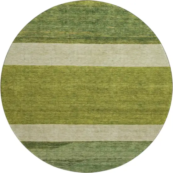 8' Olive Green And Ivory Striped Washable Round Rug With UV Protection Photo 1