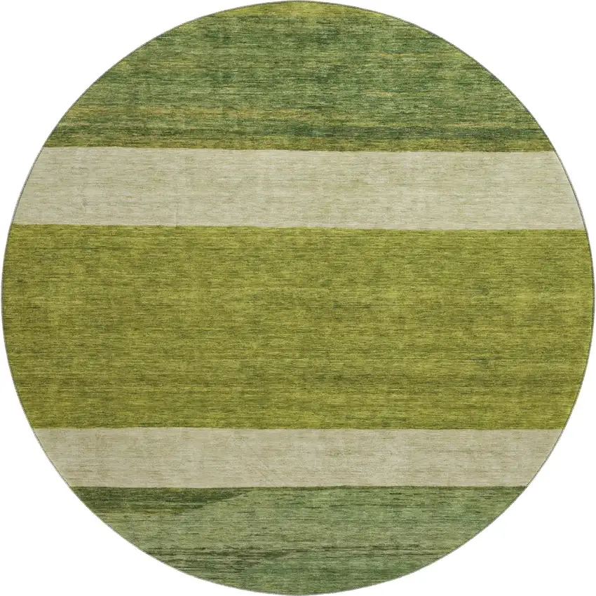 8' Olive Green And Ivory Striped Washable Round Rug With UV Protection Photo 1