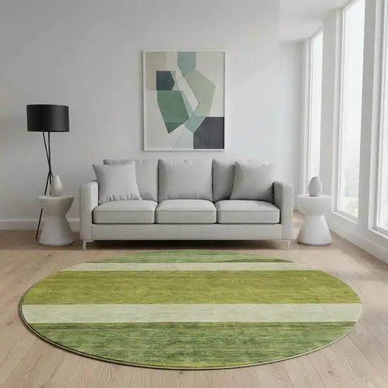 8' Olive Green And Ivory Striped Washable Round Rug With UV Protection Photo 2