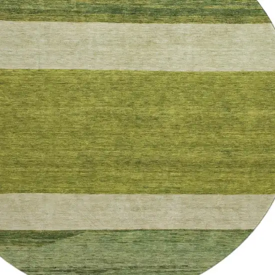 8' Olive Green And Ivory Striped Washable Round Rug With UV Protection Photo 2