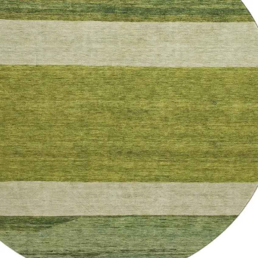8' Olive Green And Ivory Striped Washable Round Rug With UV Protection Photo 2