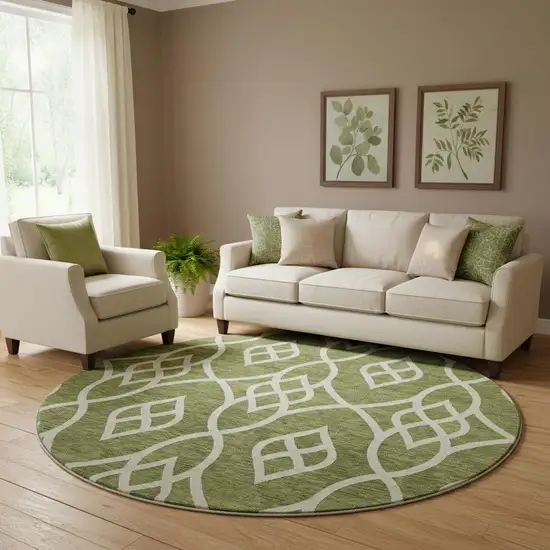 8' Olive Green And Ivory Trellis Washable Round Rug With UV Protection Photo 1