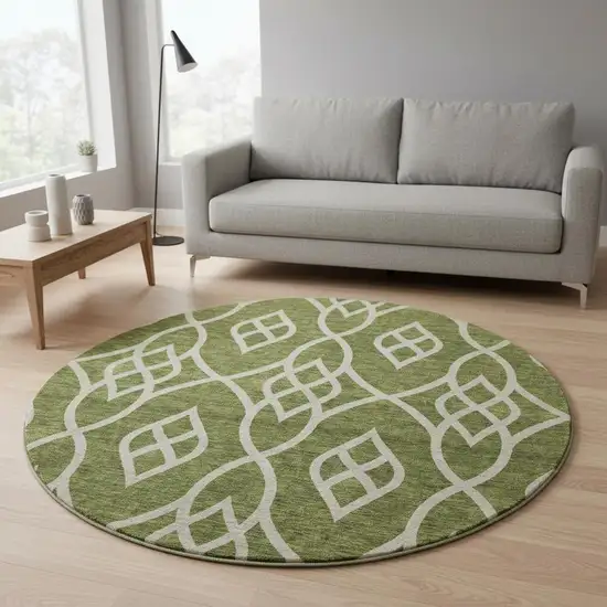8' Olive Green And Ivory Trellis Washable Round Rug With UV Protection Photo 2