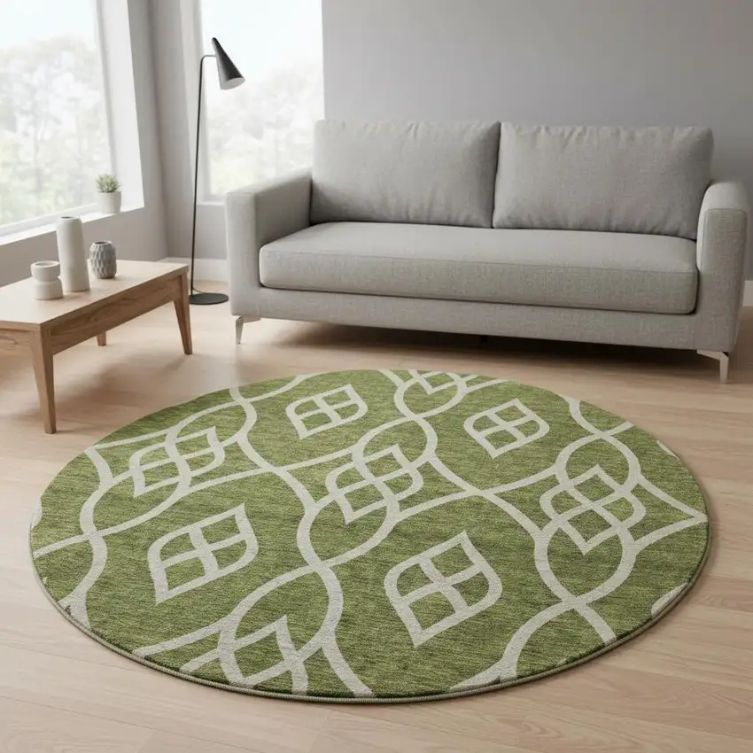 8' Olive Green And Ivory Trellis Washable Round Rug With UV Protection Photo 2
