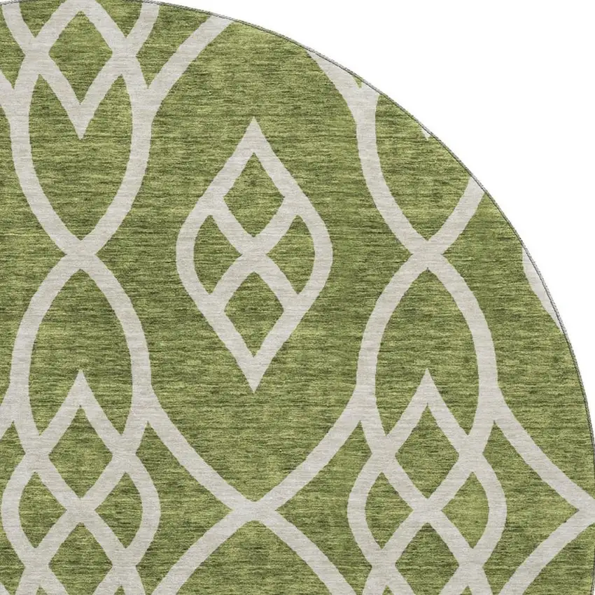 8' Olive Green And Ivory Trellis Washable Round Rug With UV Protection Photo 3