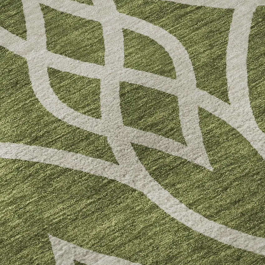 8' Olive Green And Ivory Trellis Washable Round Rug With UV Protection Photo 9