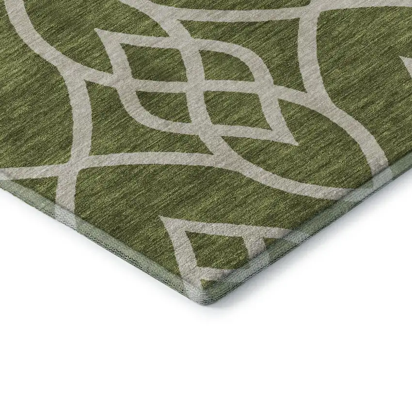 8' Olive Green And Ivory Trellis Washable Round Rug With UV Protection Photo 7