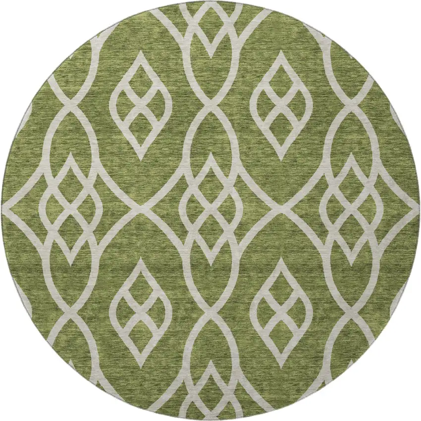8' Olive Green And Ivory Trellis Washable Round Rug With UV Protection Photo 4