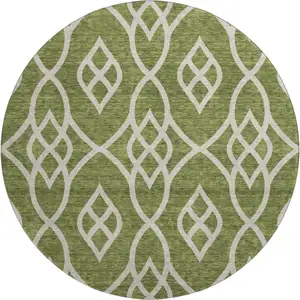 Photo of 8' Olive Green And Ivory Trellis Washable Round Rug With UV Protection