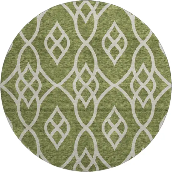 8' Olive Green And Ivory Trellis Washable Round Rug With UV Protection Photo 1
