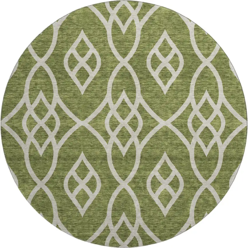 8' Olive Green And Ivory Trellis Washable Round Rug With UV Protection Photo 1