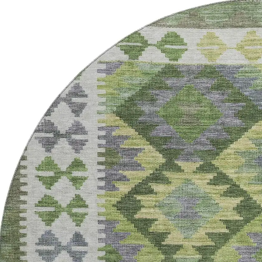 8' Olive Green And Ivory Tribal Washable Round Rug With UV Protection Photo 4