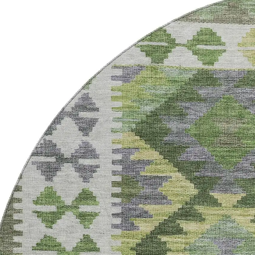 8' Olive Green And Ivory Tribal Washable Round Rug With UV Protection Photo 3
