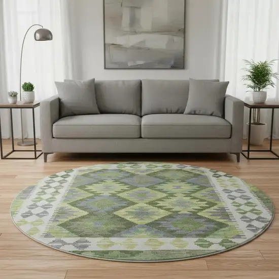 8' Olive Green And Ivory Tribal Washable Round Rug With UV Protection Photo 2