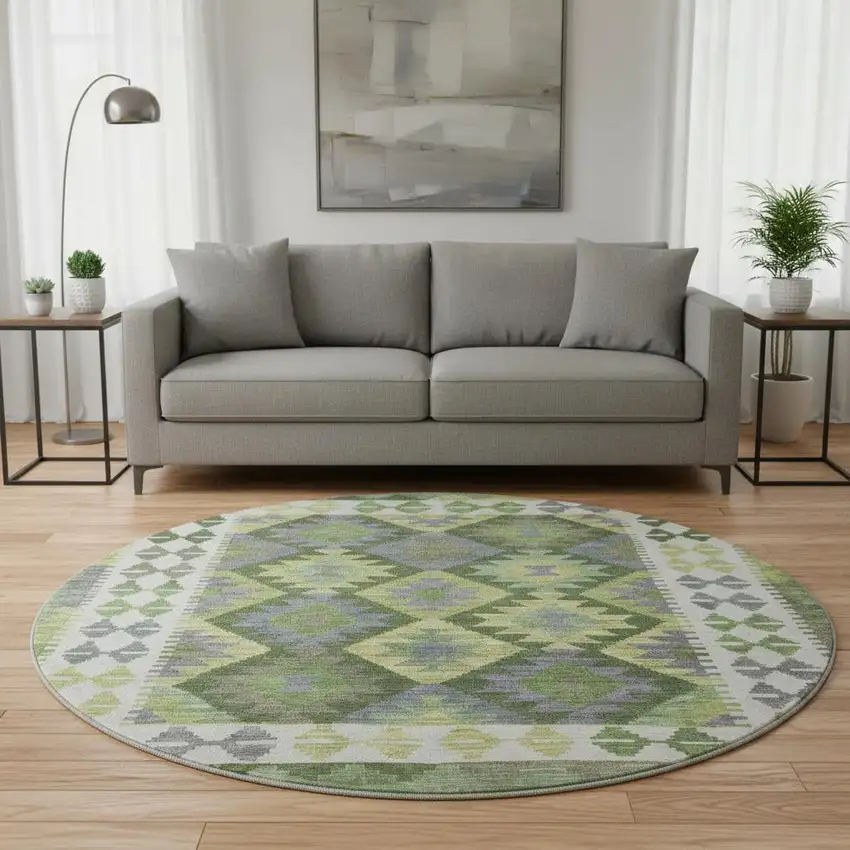 8' Olive Green And Ivory Tribal Washable Round Rug With UV Protection Photo 2