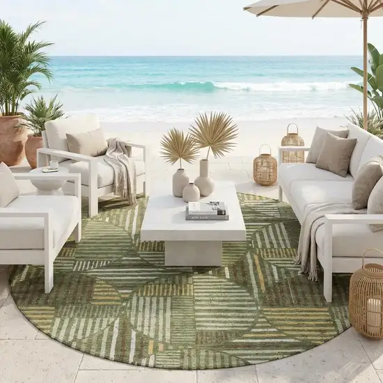 8' Olive Green And Khaki Round Geometric Washable Indoor Outdoor Area Rug Photo 1
