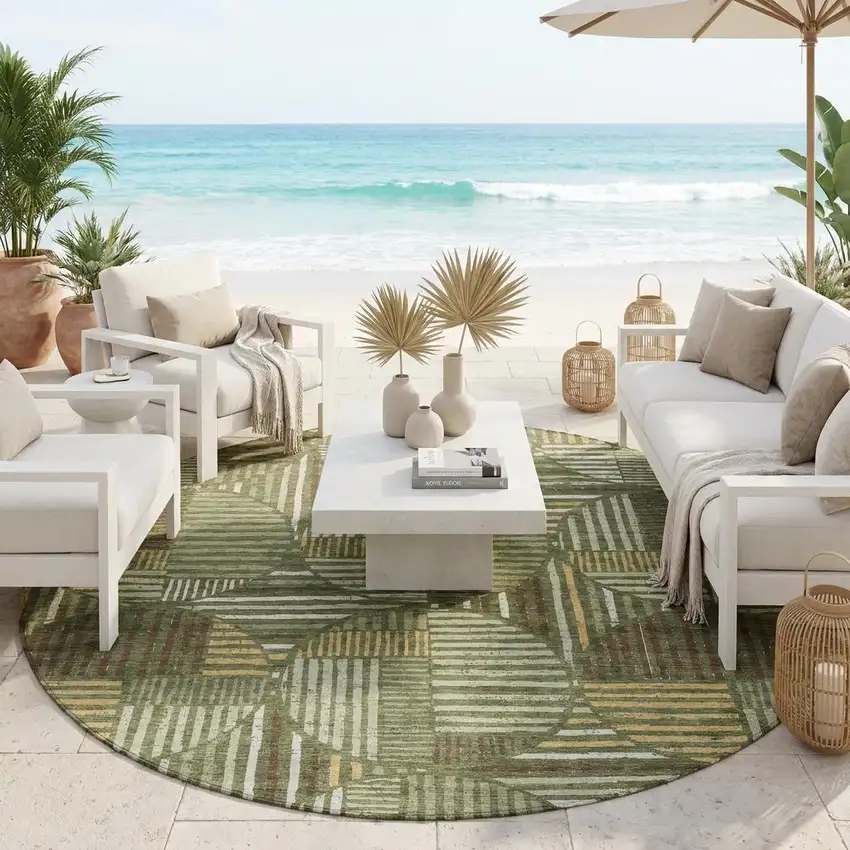 8' Olive Green And Khaki Round Geometric Washable Indoor Outdoor Area Rug Photo 1