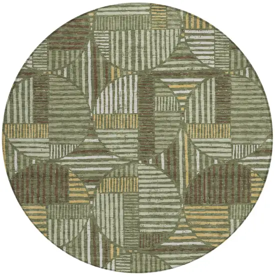 8' Olive Green And Khaki Round Geometric Washable Indoor Outdoor Area Rug Photo 2