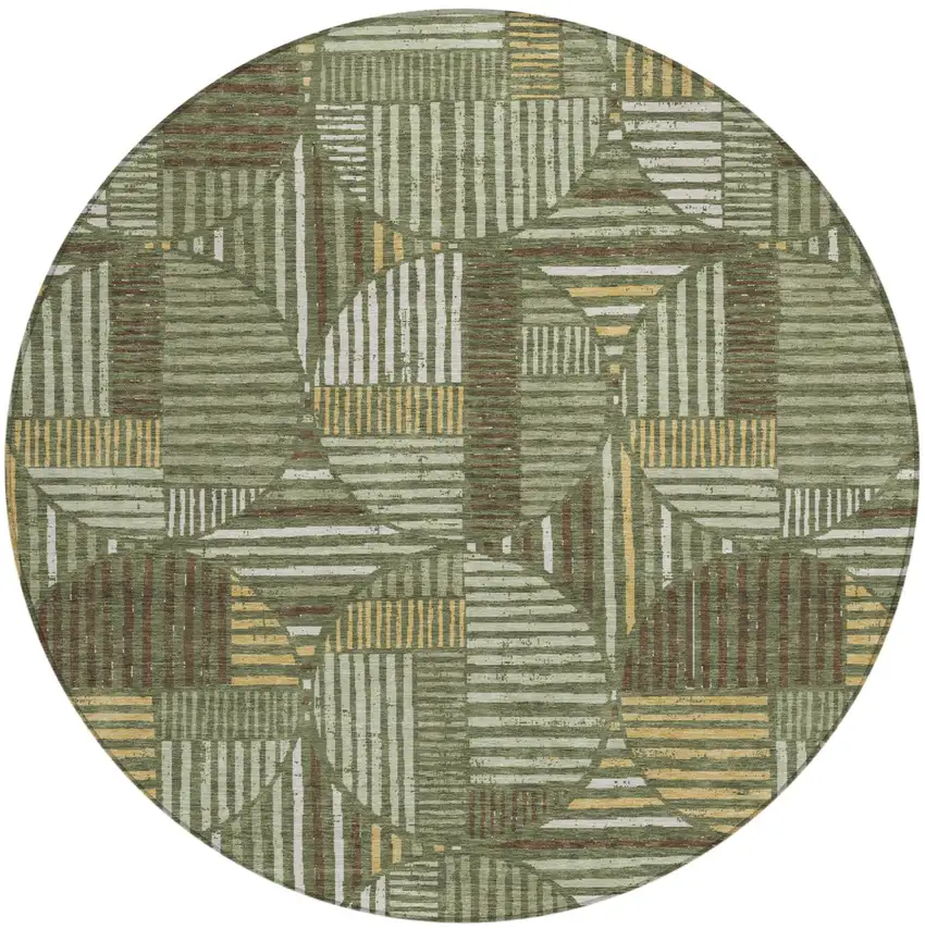 8' Olive Green And Khaki Round Geometric Washable Indoor Outdoor Area Rug Photo 2