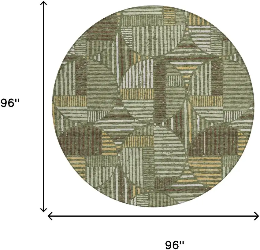 8' Olive Green And Khaki Round Geometric Washable Indoor Outdoor Area Rug Photo 7
