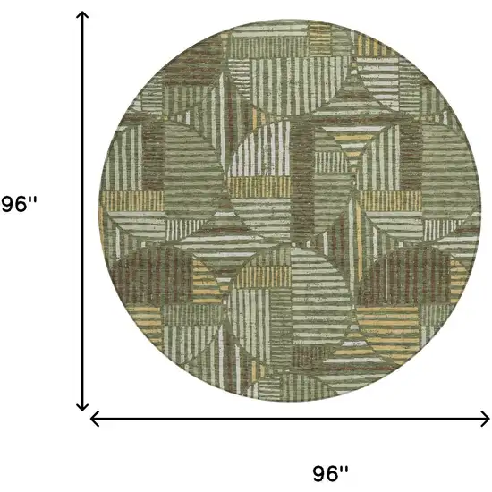 8' Olive Green And Khaki Round Geometric Washable Indoor Outdoor Area Rug Photo 7