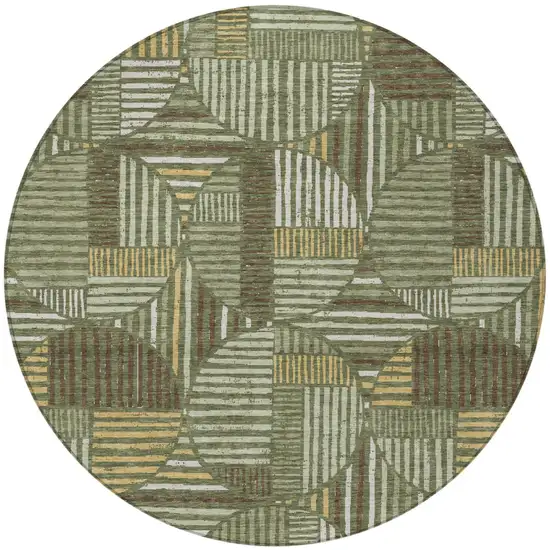 8' Olive Green And Khaki Round Geometric Washable Indoor Outdoor Area Rug Photo 4