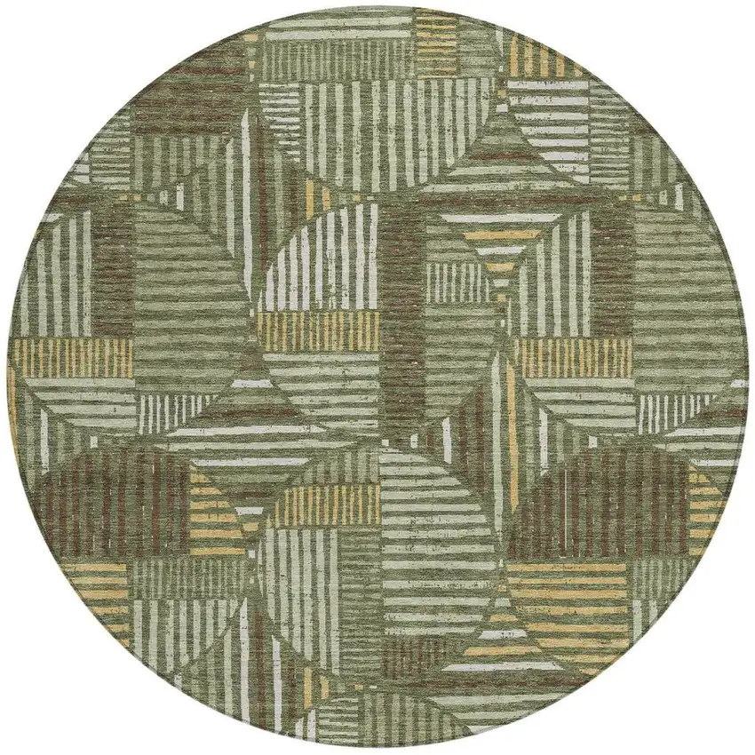 8' Olive Green And Khaki Round Geometric Washable Indoor Outdoor Area Rug Photo 3